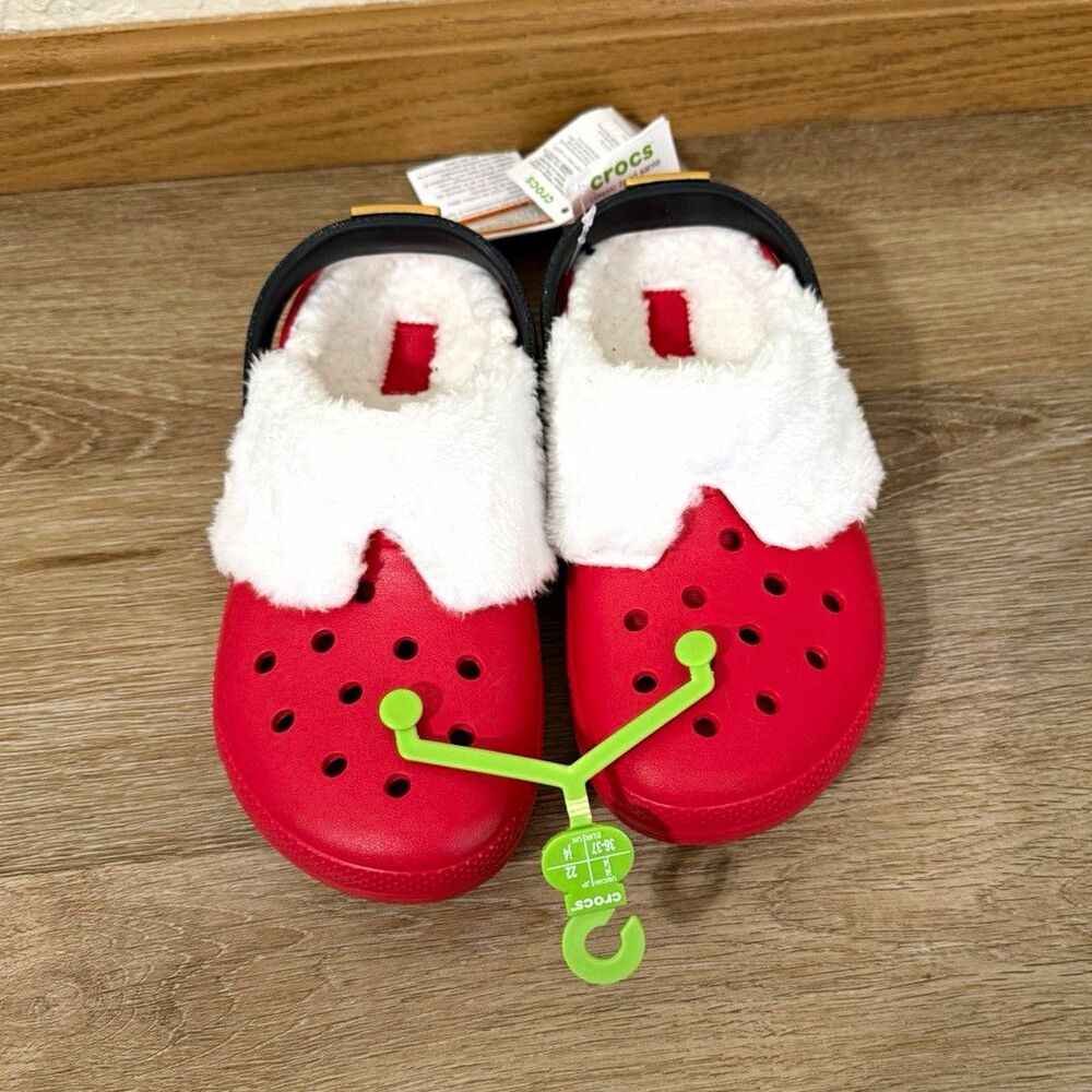 Crocs Classic Lined Santa Clog Faux Fur Christmas Kids J4 Red Multi 210931-6WE